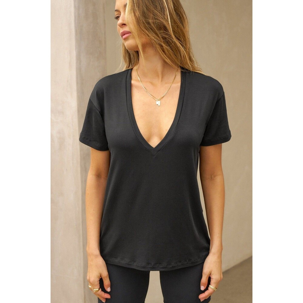 Joah Brown Black V Neck Plunge Tee XS/S Basic Streetwear Top Minimalist Luxury